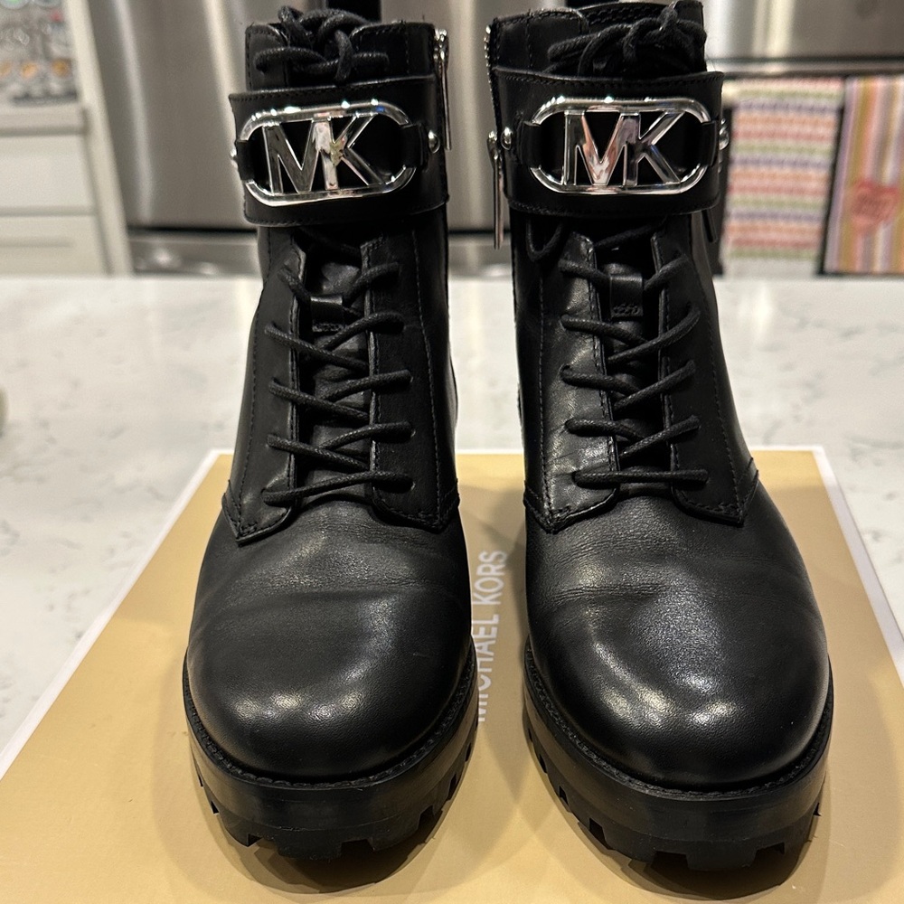 Michael Kors Black Leather Combat Boots with Silver Accents excellent